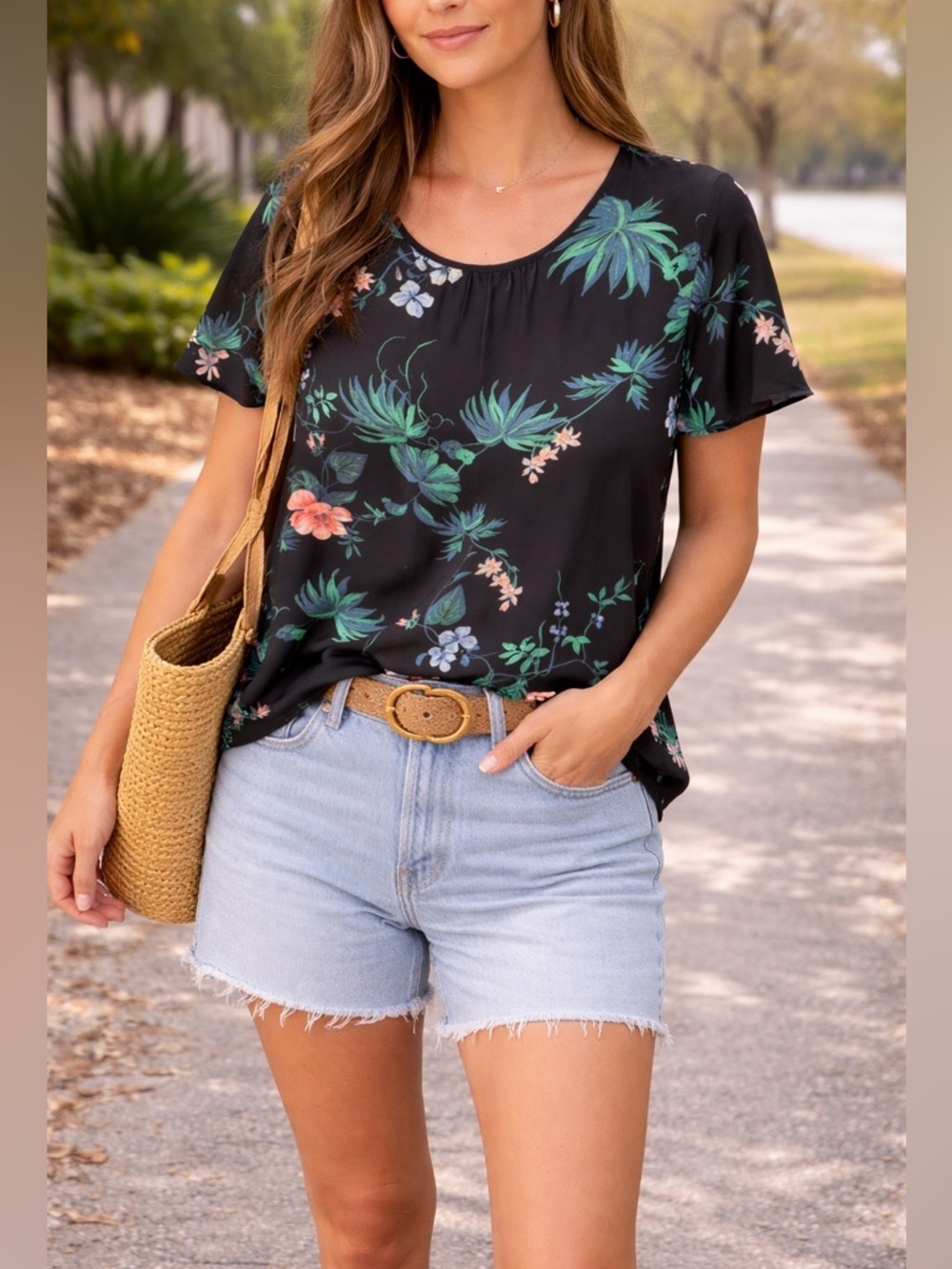 Banana Republic Piped Crew Paradiso Tropical Palm Top
